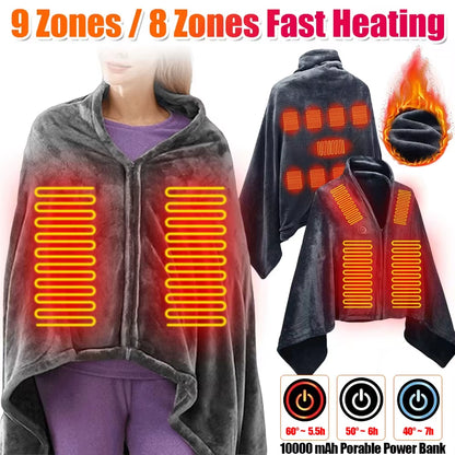 Wearable Heating Electric Blanket Shawl 3 Heated Level Throw Blanket 5V USB Charging Coral Velvet 8 Heated Areas Fast Heating