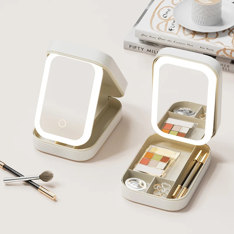 Portable Cosmetics Storage Box Make-Up Mirror with Light Waterproof Dustproof Bathroom Storage Rack Organizer Travel Set